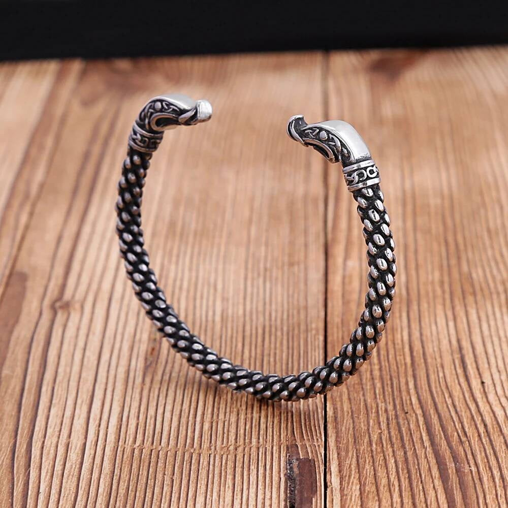 Viking Dragon Head Stainless Steel Bracelet – Norse Dragon Scale Cuff