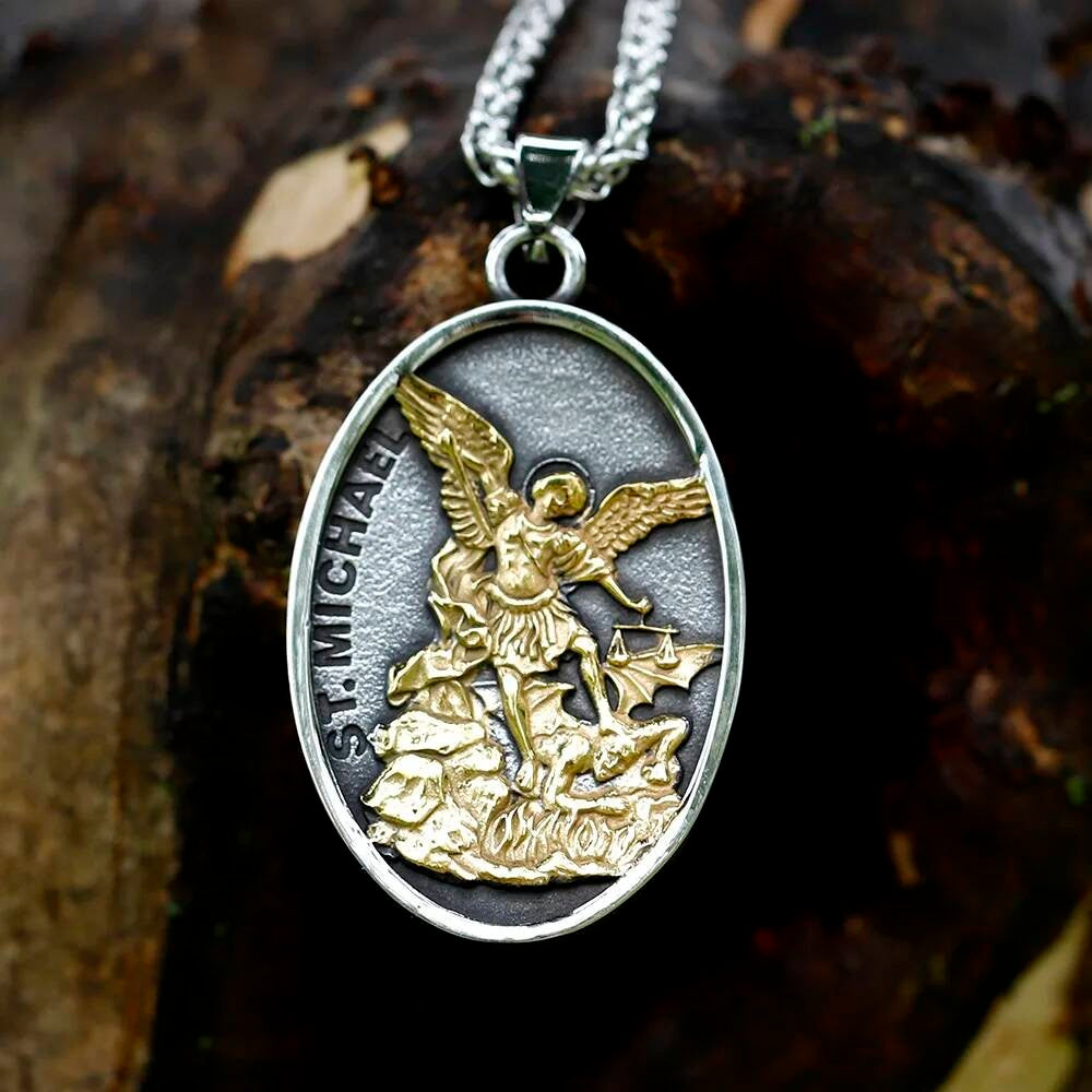 St. Michael Archangel Pendant Necklace – Two-Tone Religious Medal LP-782