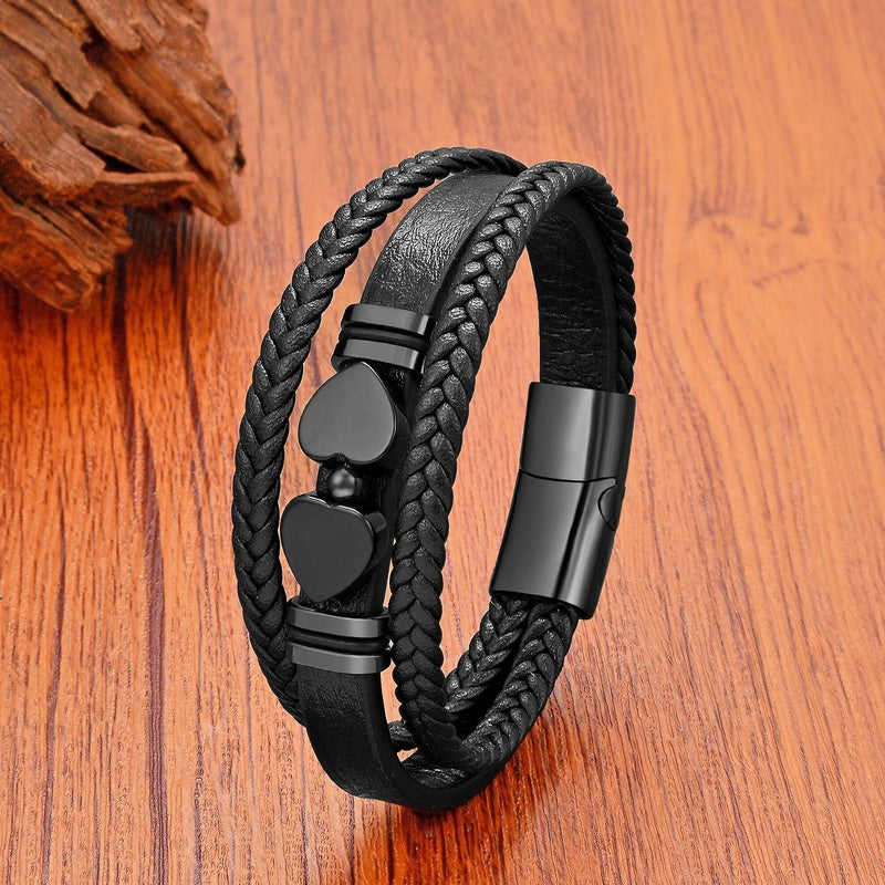 Black Braided Leather Bracelet with Green Jade Beads - Stylish Multi-Layer Magnetic Clasp Jewelry for Casual Wear and Gifts Black Agate