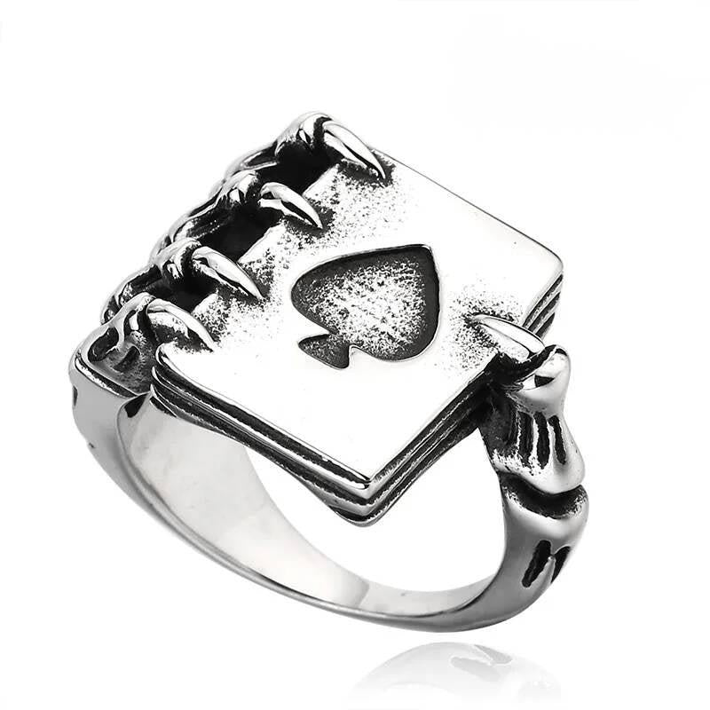 Ace of Spades Skeleton Hand Ring – Gothic Punk Stainless Steel Biker Jewelry