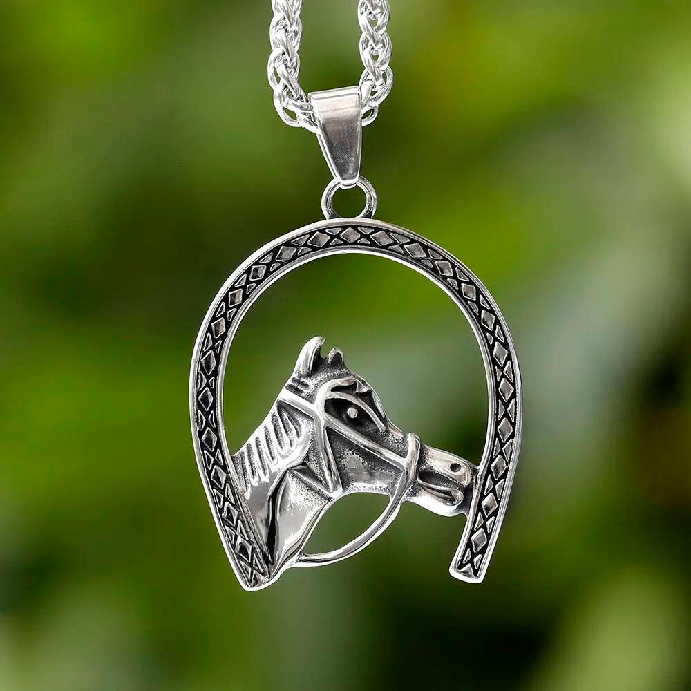 horse & Horseshoe Pendant Necklace – Equestrian Silver Jewelry