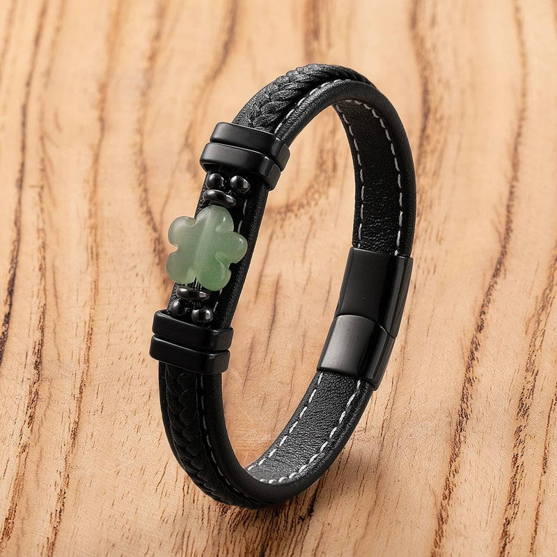 Black Braided Leather Bracelet with Green Jade Beads - Stylish Multi-Layer Magnetic Clasp Jewelry for Casual Wear and Gifts Black-F