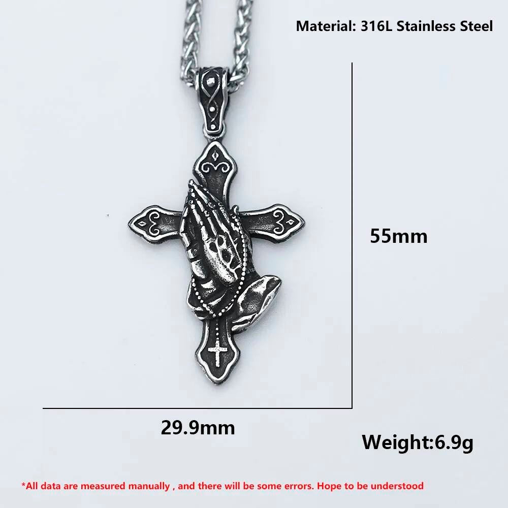 Praying Hands Cross Pendant – Stainless Steel Religious Necklace