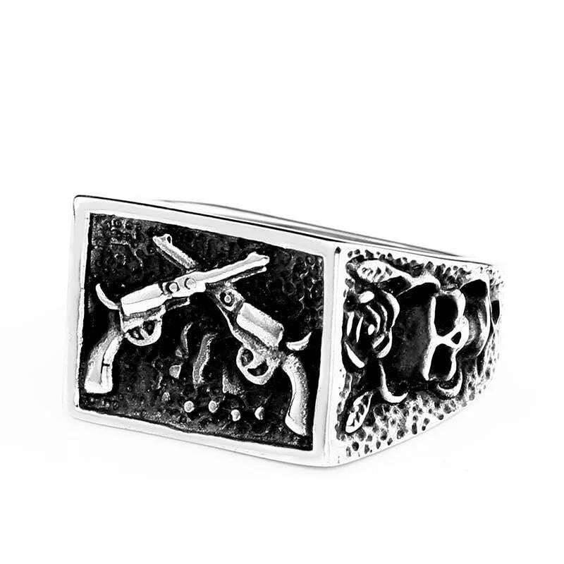 316L Stainless Steel Skull Crossed Guns Ring Punk Biker Jewelry