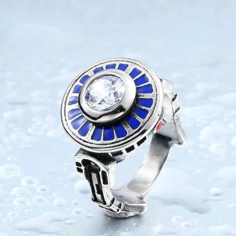 Futuristic Sci-Fi Ring – Stainless Steel Blue Enamel Cosmic Core Jewelry