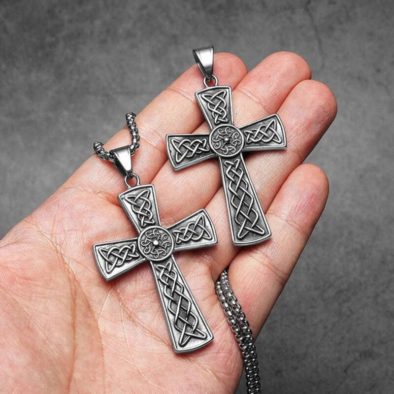 Celtic Cross Pendant Necklace, Elegant Silver Religious Jewelry with Intricate Knot Design