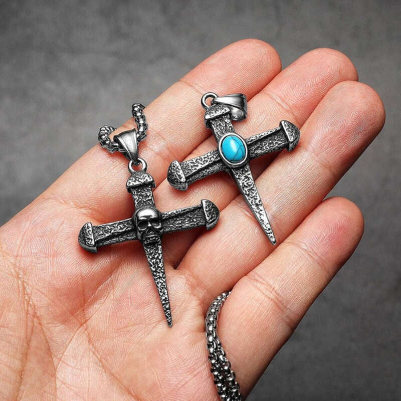 316L Stainless Steel Nail Cross Pendant Necklace – Skull & Turquoise Gothic Design