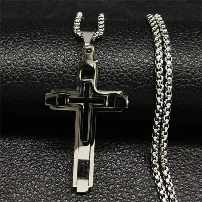 Stainless Steel Hollow Cross Necklace Chain Pendant For Men Women Religion Jewelry Accessories Silver