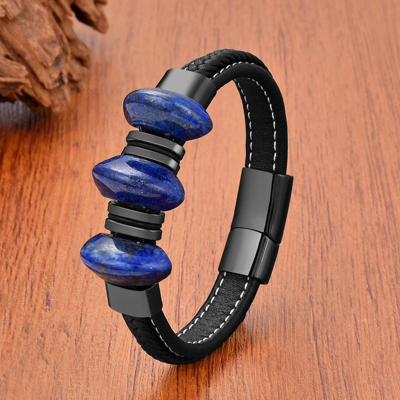Black Braided Leather Bracelet with Green Jade Beads - Stylish Multi-Layer Magnetic Clasp Jewelry for Casual Wear and Gifts Lapis