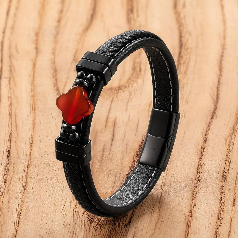 Black Braided Leather Bracelet with Green Jade Beads - Stylish Multi-Layer Magnetic Clasp Jewelry for Casual Wear and Gifts Style-B