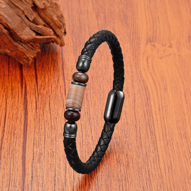 Black Braided Leather Bracelet with Green Jade Beads - Stylish Multi-Layer Magnetic Clasp Jewelry for Casual Wear and Gifts Brown Agate