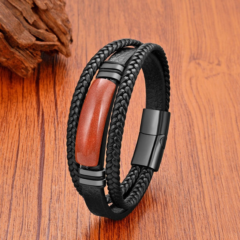 Black Braided Leather Bracelet with Green Jade Beads - Stylish Multi-Layer Magnetic Clasp Jewelry for Casual Wear and Gifts Style B