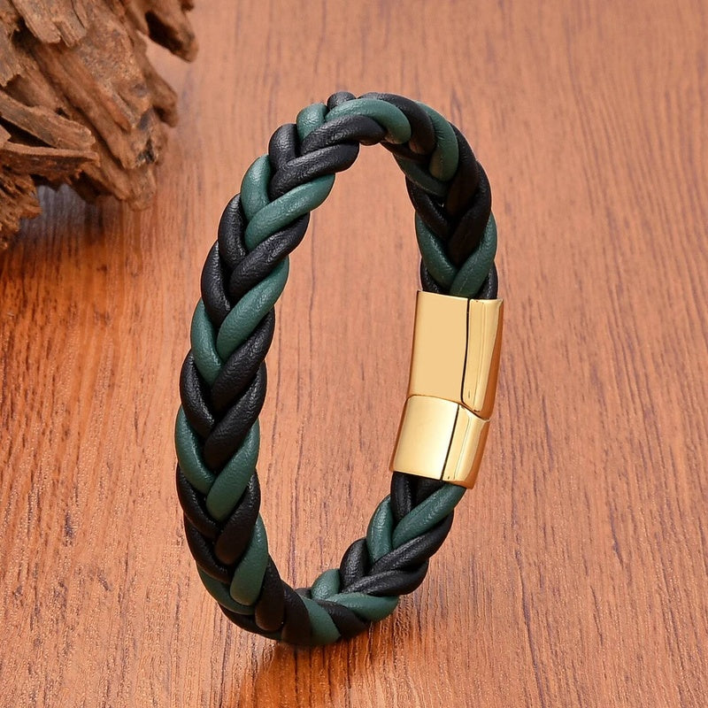 Retro Punk Style Men Gift Jewelry Braided Leather Rope Bracelets Stainless Steel Magnetic Buckle Personalized Bracelet Style D-Gold