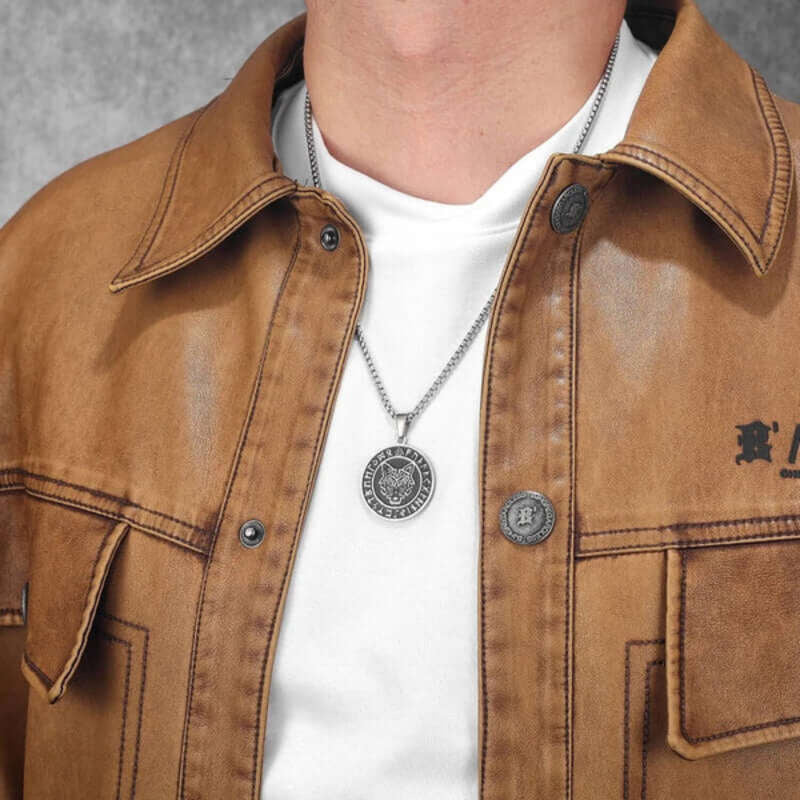 Men’s Viking Wolf Head Rune Pendant Necklace – 316L Stainless Steel Norse Amulet