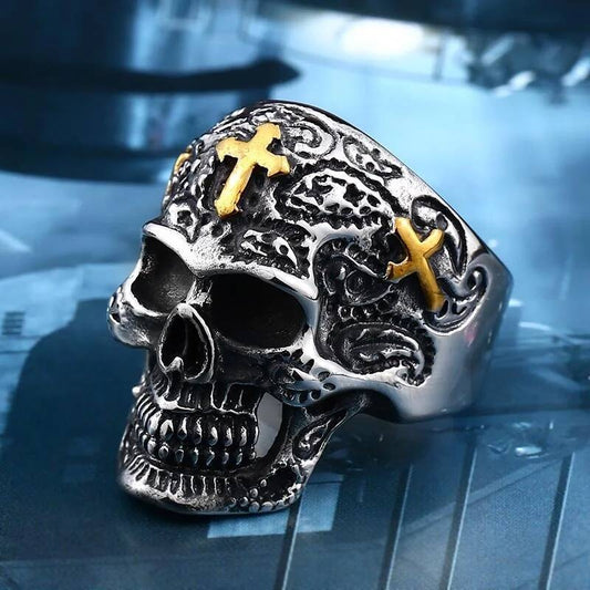 Engraved Skull Cross Ring – Gothic Stainless Steel Biker Jewelry part gold