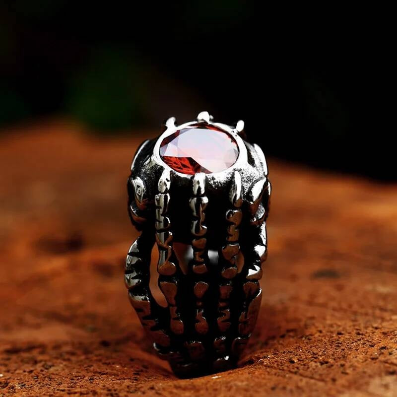 316L Stainless Steel Gothic Claw Ring with Red Crystal Stone