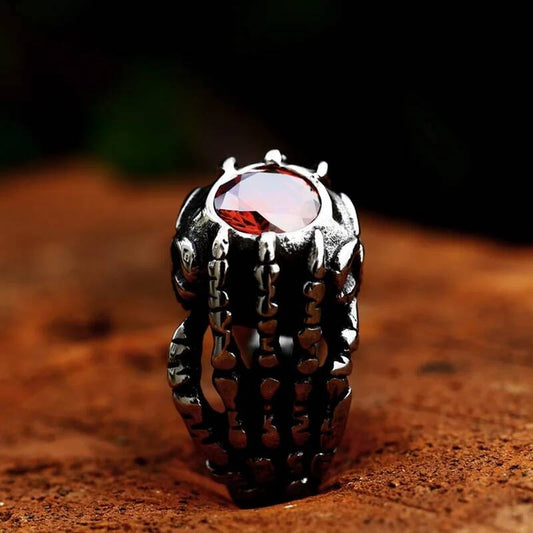 316L Stainless Steel Gothic Claw Ring with Red Crystal Stone