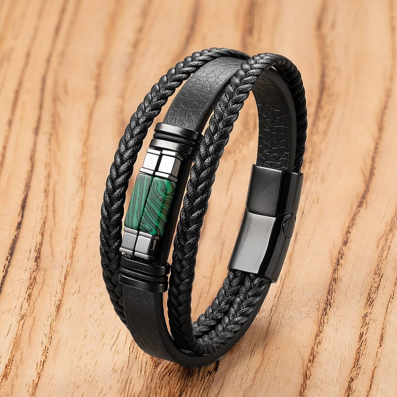 Black Braided Leather Bracelet with Green Jade Beads - Stylish Multi-Layer Magnetic Clasp Jewelry for Casual Wear and Gifts Style-A