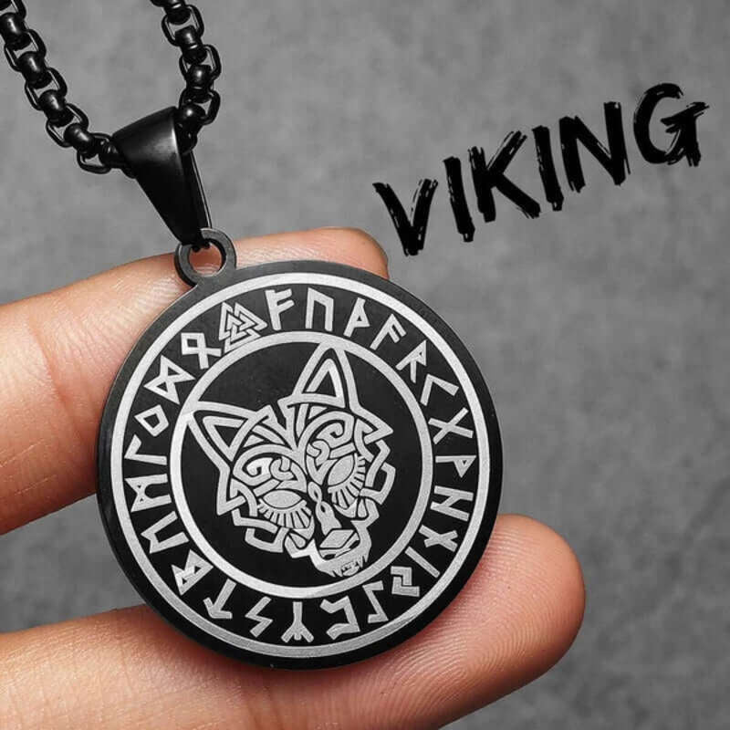 Men’s Viking Wolf Head Rune Pendant Necklace – 316L Stainless Steel Norse Amulet N1501-60cm chain-B