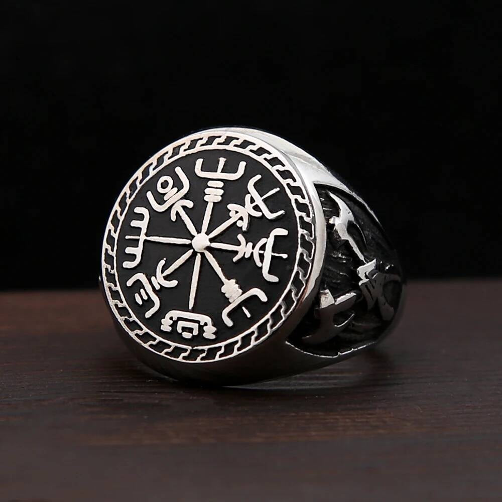 Viking Compass & Double-Axe Ring – 316L Stainless Steel Norse Amulet