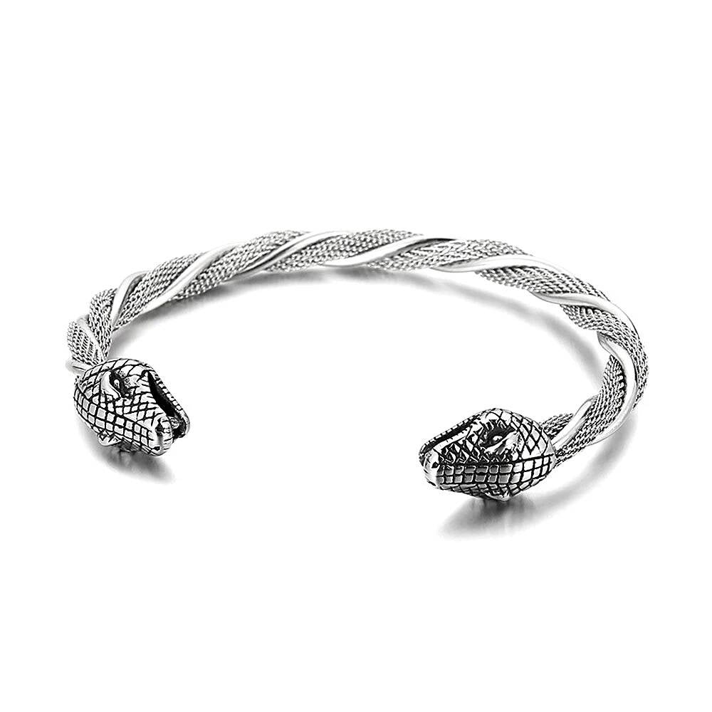 Wolf Head Stainless Steel Bangle – Viking Norse Open Cuff Bracelet Style A