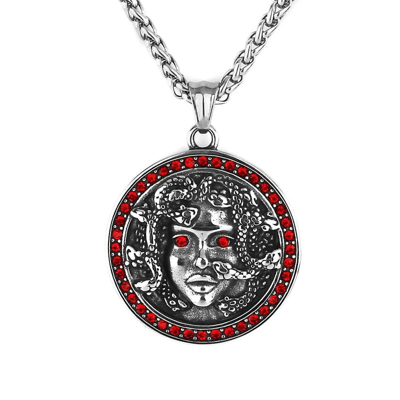 Medusa Pendant with Red Rhinestones – Greek Mythology Medallion Necklace