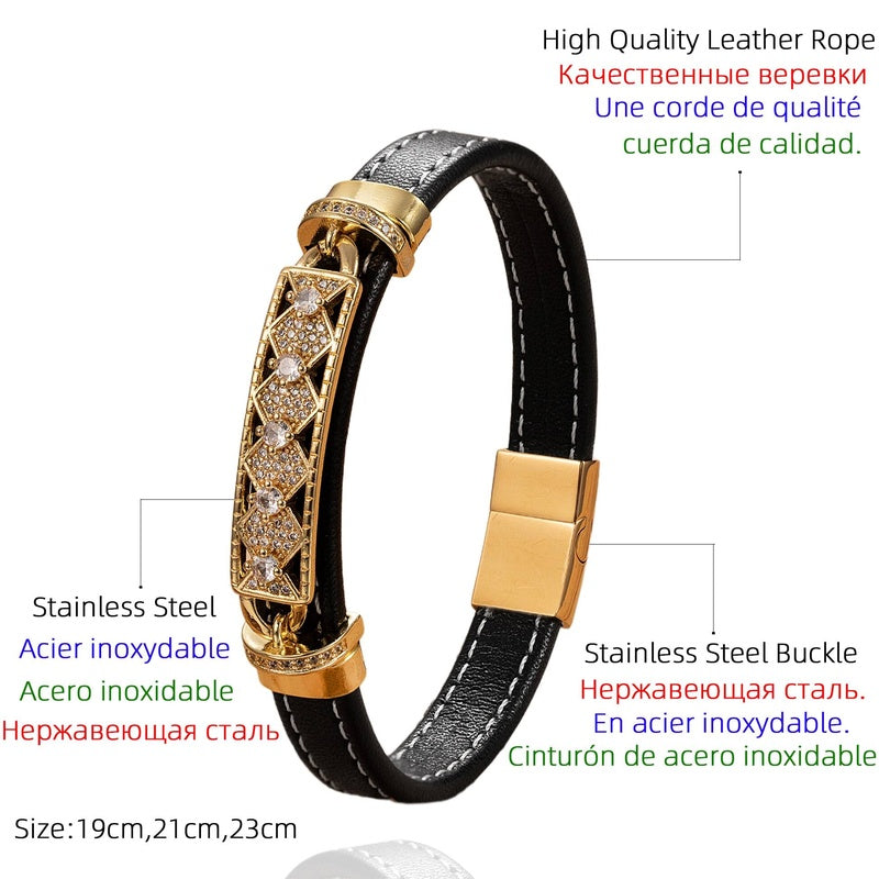 Men's Black Leather Diamond Accent Bracelet for Elegant Gifts