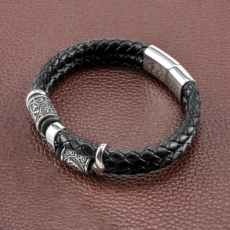 Viking Leather Bracelet – Norse Valknut Symbol Braided Leather & Stainless Steel Wristband