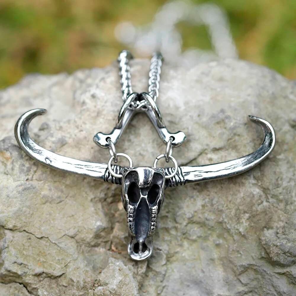 Bull Skull Pendant Necklace – Silver Horned Bull Skull Jewelry