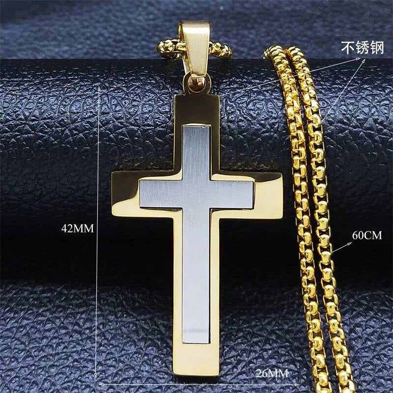 Stainless Steel Cross Pendant Chain Necklace For Men Christ Jesus Jewelry Catholic Crucifixes Rosaries Accessories