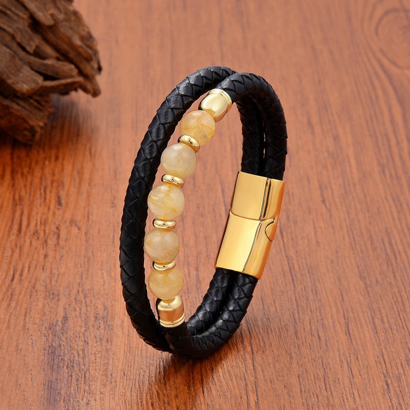 Round Natural Amethysts Stone Beaded Handmade Leather Bracelets for Man Women Trendy Crystal Designer Jewelry Accessories Gold-Hair Crystal