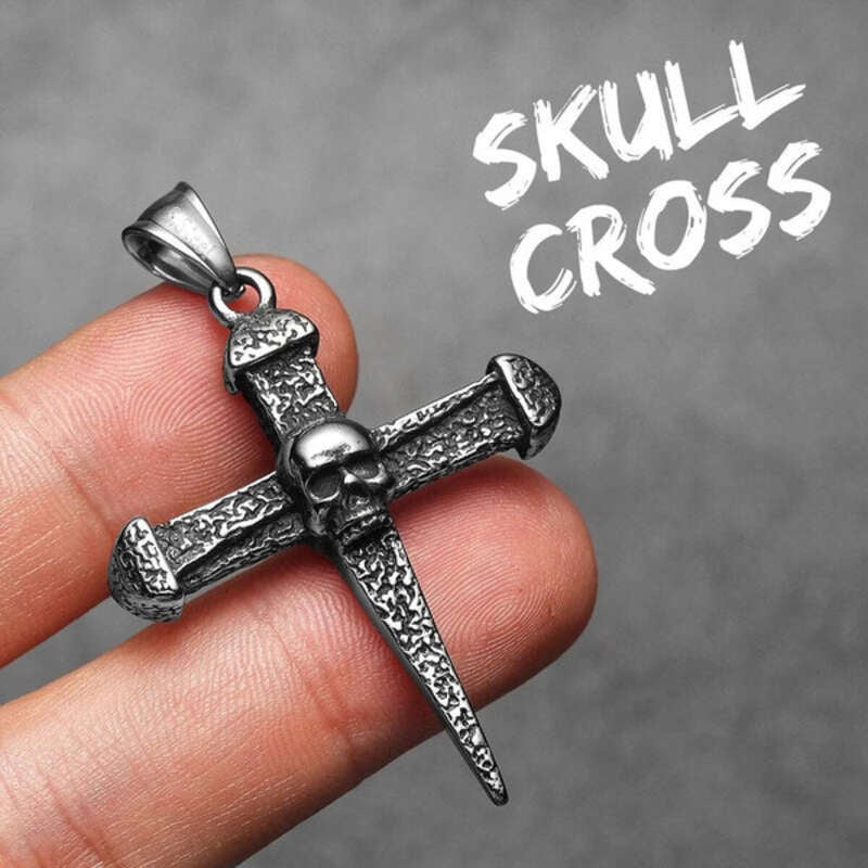 316L Stainless Steel Nail Cross Pendant Necklace – Skull & Turquoise Gothic Design N1358-Only Pendant