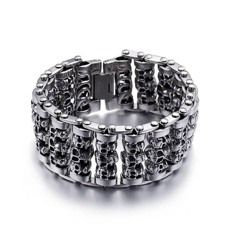 35mm Width Huge Demon Skull Bracelet Men Heavy Motor Biker Wristband Steel Color
