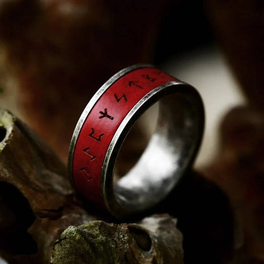 316L Stainless Steel Norse Rune Ring Red Vintage Viking Band