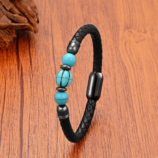 Trendy Turquoise Beaded Bracelet Classic Woven Leather Rope Mens Bracelets Stainless Steel Magnetic Buckle Handmade Jewelry Style-A