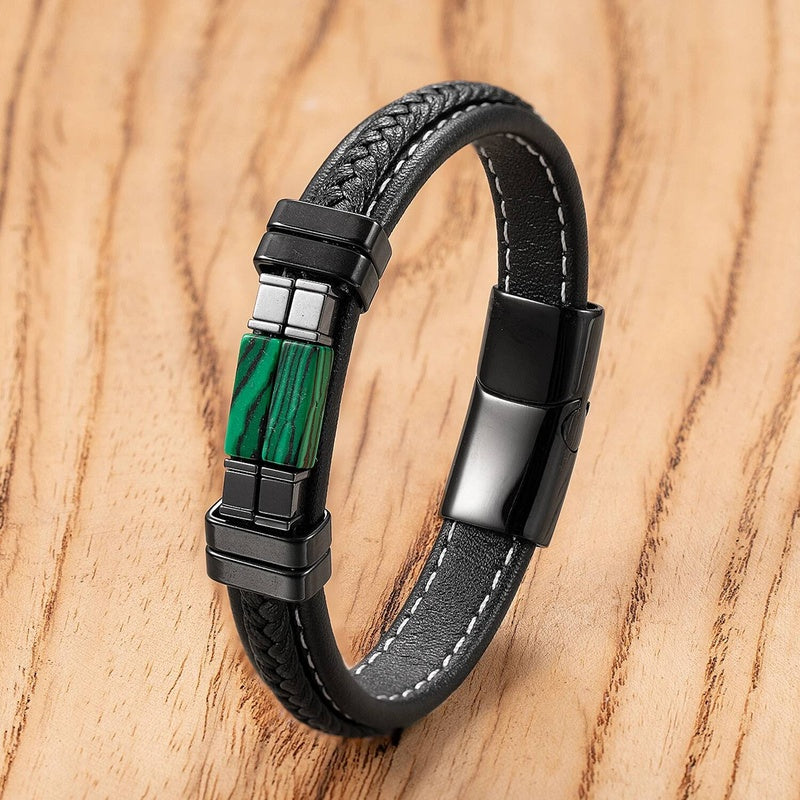 Vintage Woven Leather Rope For Men Personality Stone Bangles Bracelets Punk Stainless Steel Wristband Jewelry Gifts Style-H