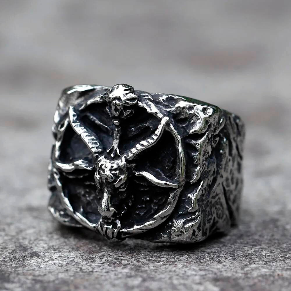 Skull and Ram Horn Ring - Gothic Stainless Steel Men's Biker Jewelry A STYLE