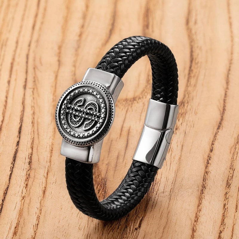 Personality Punk Black High Quality Hand Braided Leather Stainless Steel Charm Bracelet Men Bangle Couple Rock Fashion Jewelry Style-B