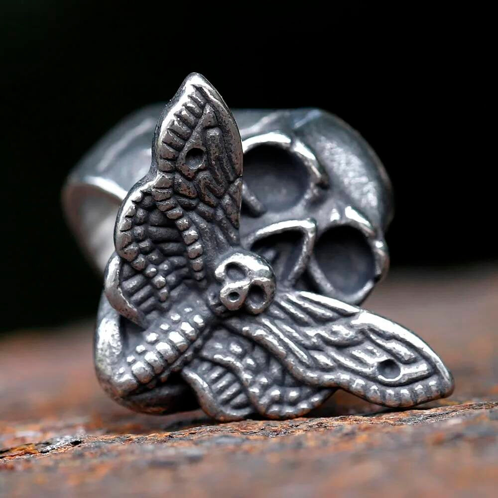 Moth & Skull Stainless Steel Ring - Retro Punk Hip Hop Gothic Men's Jewelry Gift