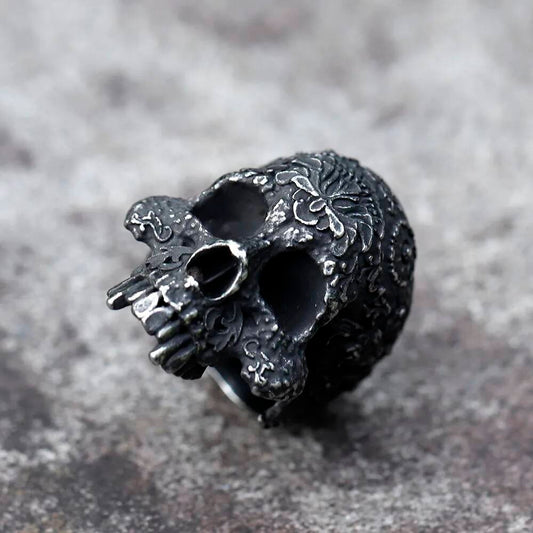 Flower Skull Horned Devil Ring - Gothic Stainless Steel Teen Jewelry