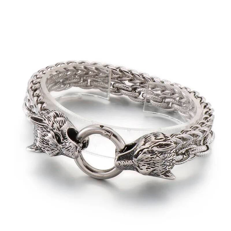 Multi-Color Wolf Bracelet Men Stainless Steel 316L Animal Head Bone Double Layer Chain Jewelry KB152518-KFC 22cm