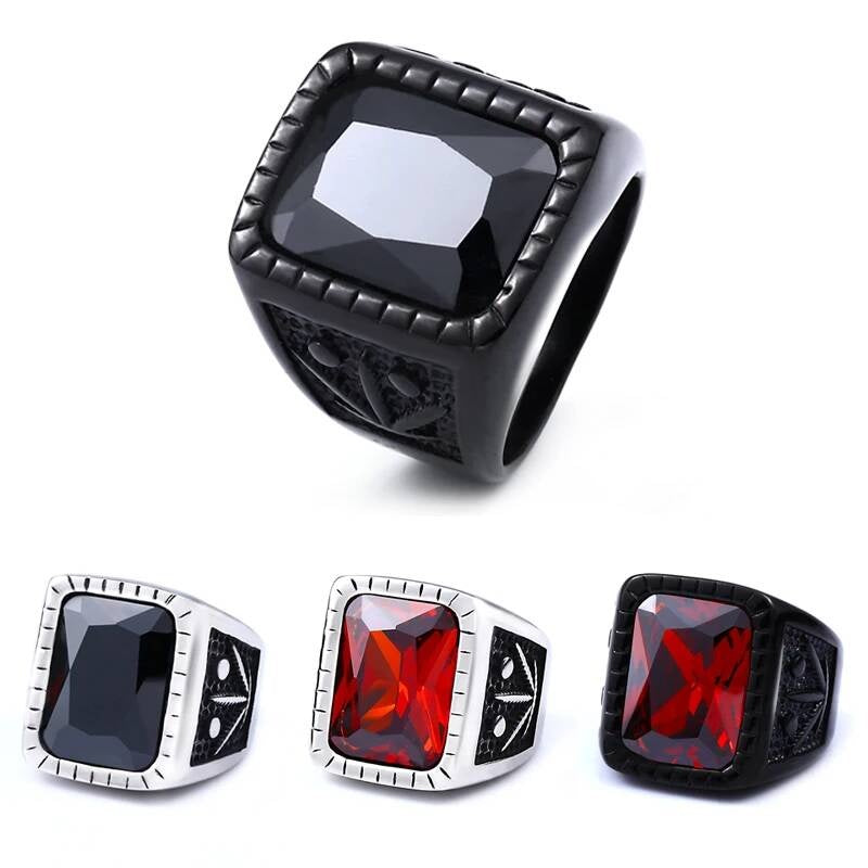 Black & Red Stone Vintage Rock Ring - Stainless Steel Gothic Statement Jewelry