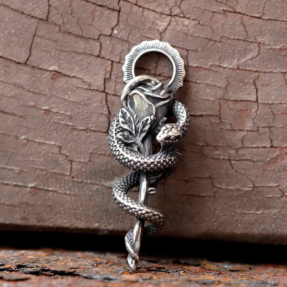 Snake and Rose Pendant Necklace – Gothic Key Jewelry with Snake and Rose Detail