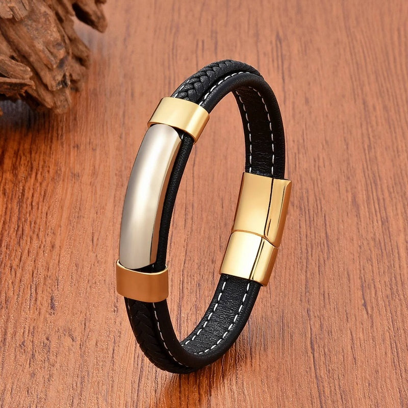 Fashion Geometric Shape Onyx Stone Bracelets Ladies Black Multilayer Leather Rope Men Bracelet Stainless Steel Jewelry Wholesale Gold-B