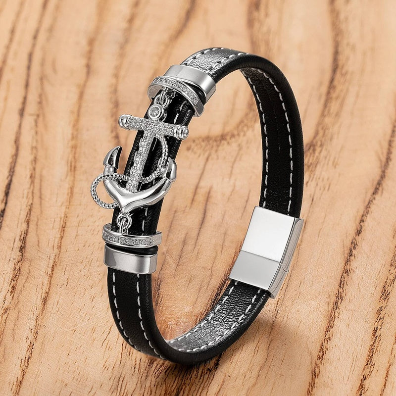 Fashion Punk Stainless Steel Anchor Bracelets Genuine Leather Bangles for Men Bracelet Rock Hip Hop Jewelry White-A