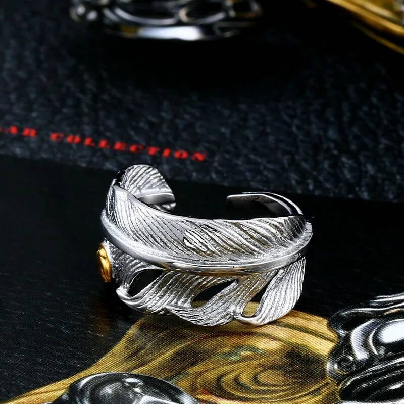 316L Stainless Steel Feather Ring Adjustable Nature Inspired Jewelry