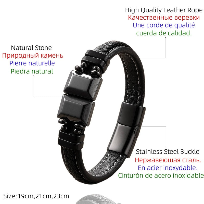 Natural Stone Leather Braided Fashion Men Women Stainless Steel Magnetic Clasp Bracelet Daily Wear Jewelry Couple Gift