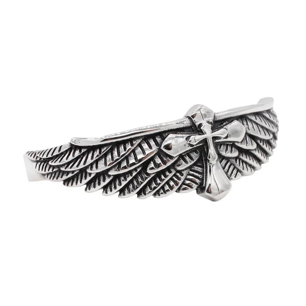 Angel Wings Cross Bangle – Gothic Stainless Steel Bracelet Style A