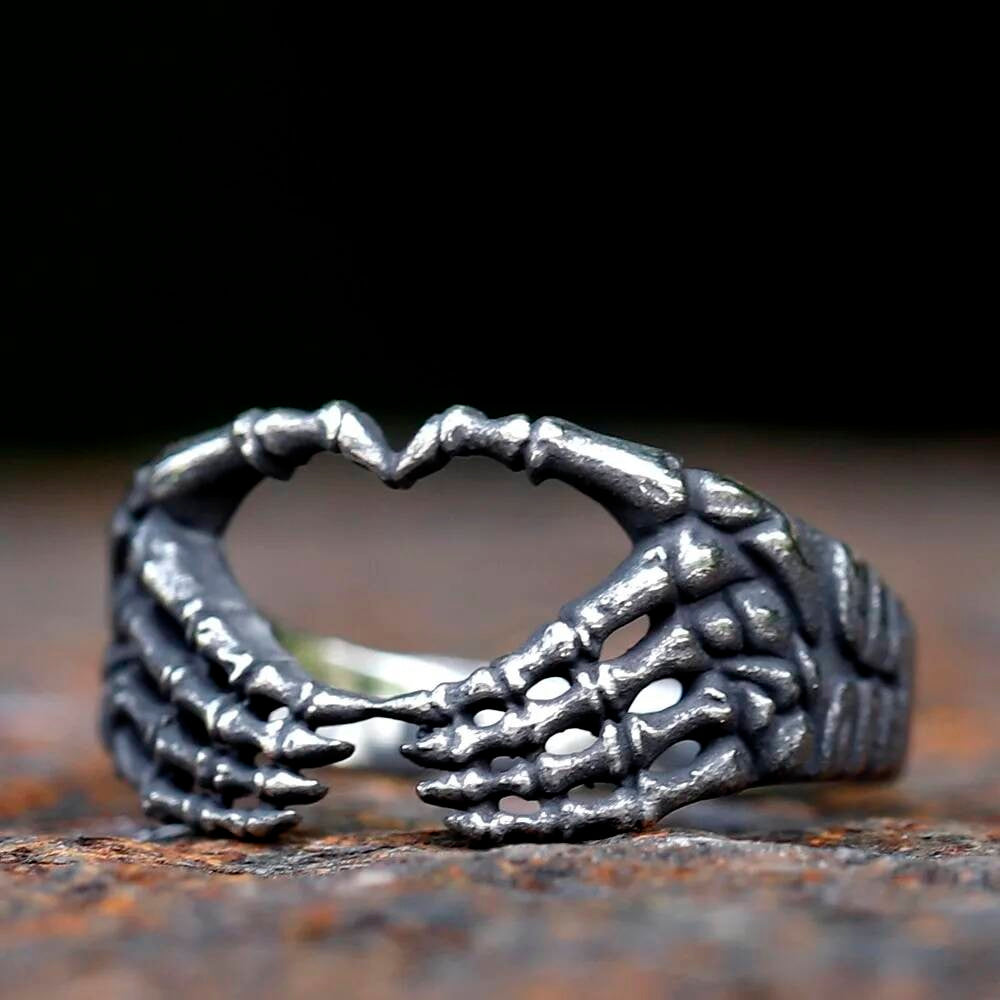 Skull Hand Heart Ring - Cute Gothic Couple Jewelry in Stainless Steel