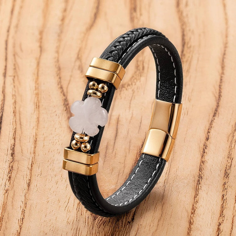 Black Braided Leather Bracelet with Green Jade Beads - Stylish Multi-Layer Magnetic Clasp Jewelry for Casual Wear and Gifts Gold-D